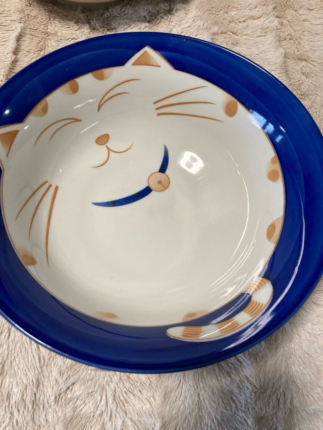 4 Ensaladeras Cerámica Gato Azul Blancos