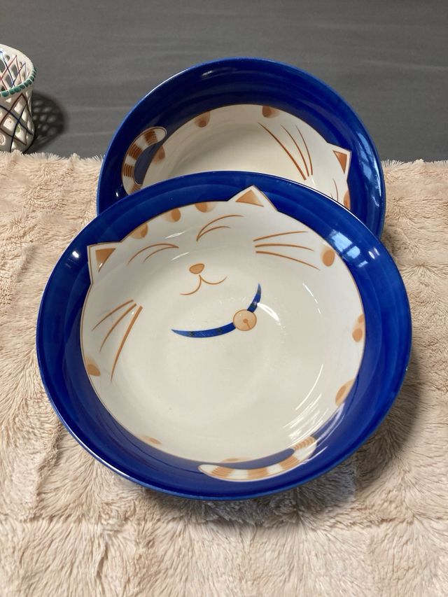 4 Ensaladeras Cerámica Gato Azul Blancos