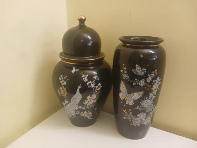 Juego Jarrones Chinos Negros y Dorados