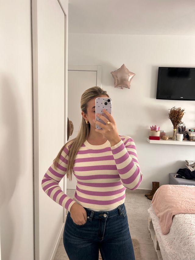 Jersey Zara Rayas Rosa y Blanco
