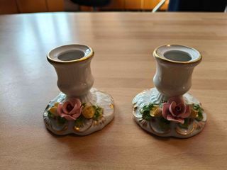 Coppia Portacandele Porcellana Dresden Rose