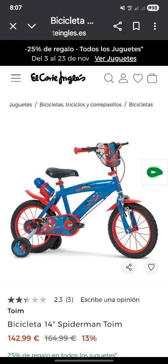 Bicicleta Spiderman 14 Infantil