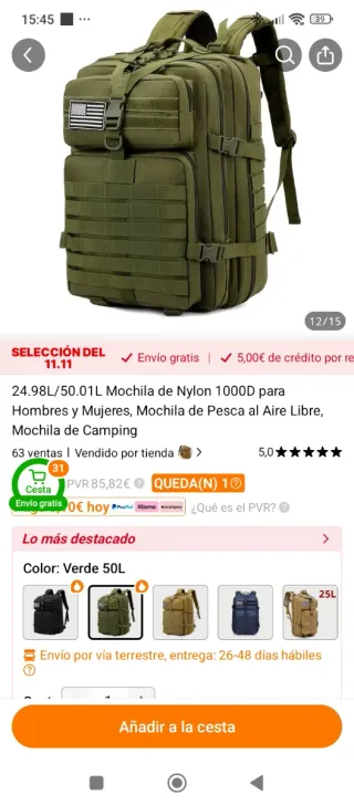 Mochila Táctica Verde. 45- 50L