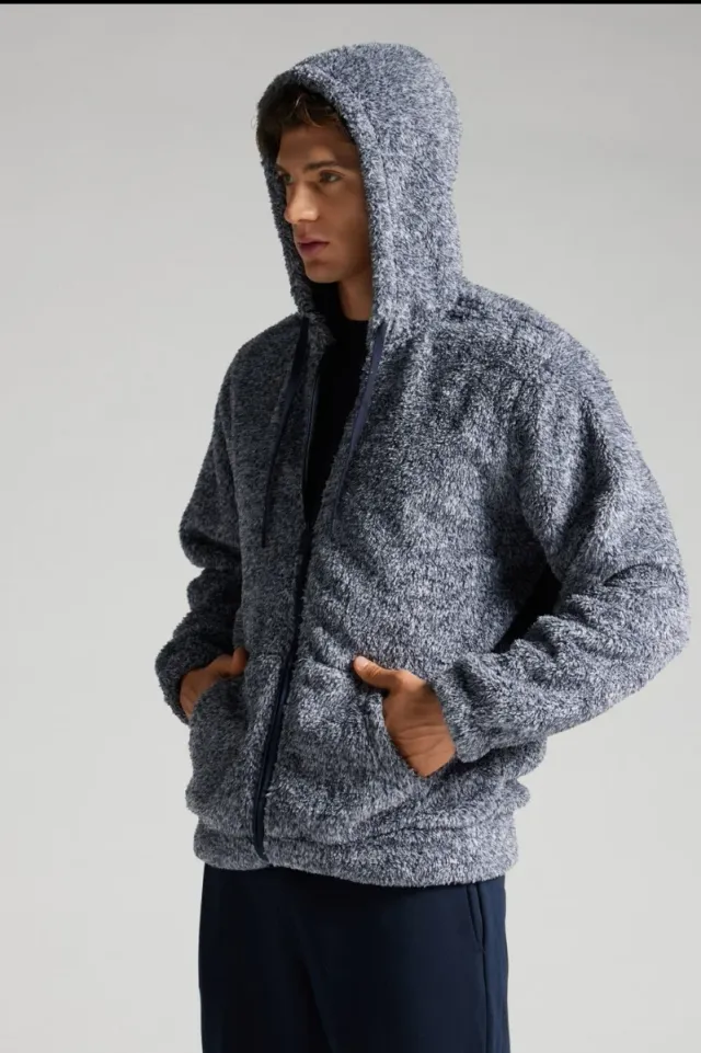 Sudadera polar con capucha azul y gris