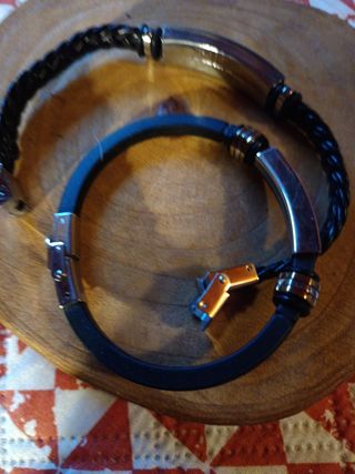2 Pulseras Hombre Cuero y Acero