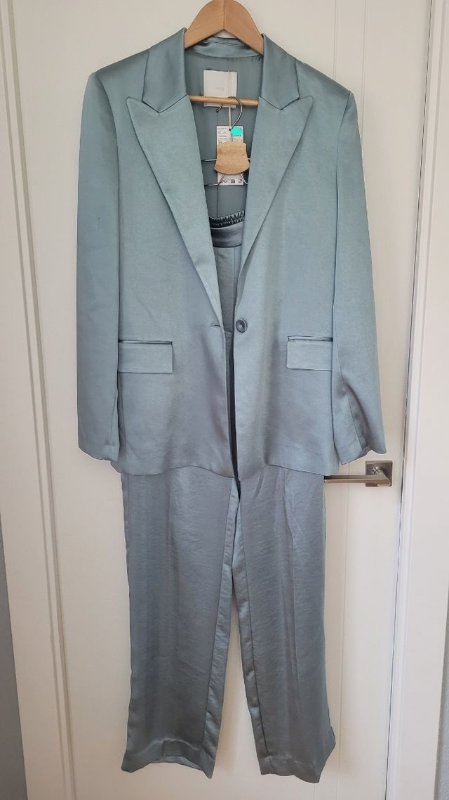 Conjunto Blazer y pantalón Mango Talla M Verde Azu