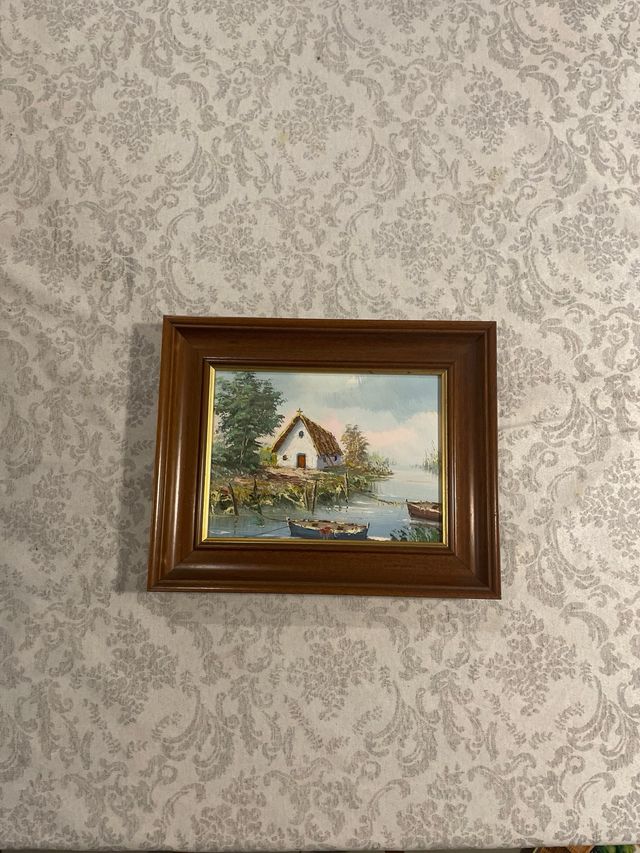 Cuadro paisaje casa lago barcas