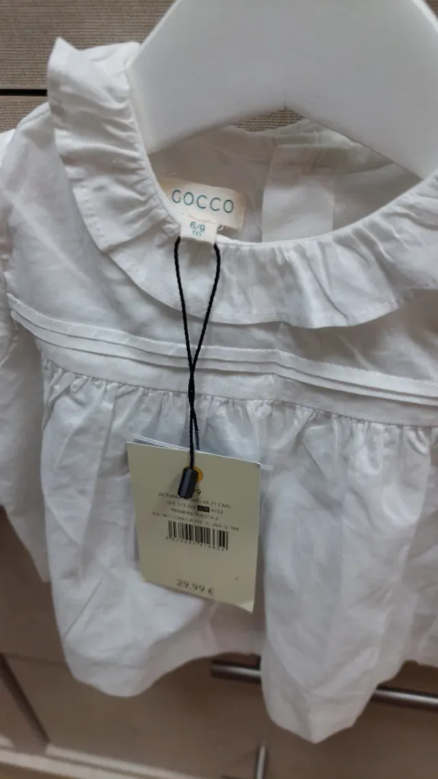 Camisa Gocco blanca bebé cuello 6/9 meses. NUEVO!