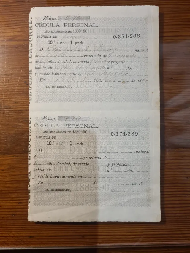 Cédula Personal 1889-90 DNI Antiguo