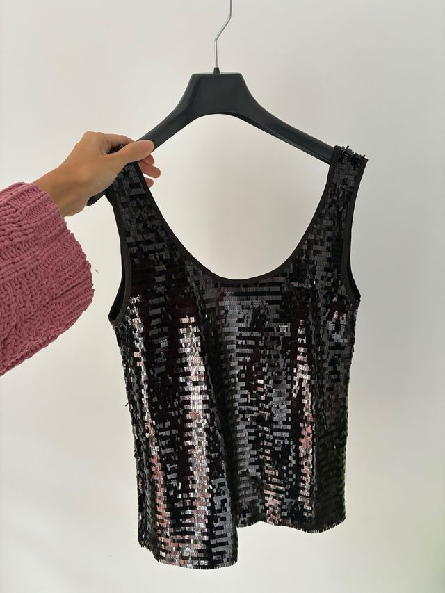 Top Mango lentejuelas negro Talla S