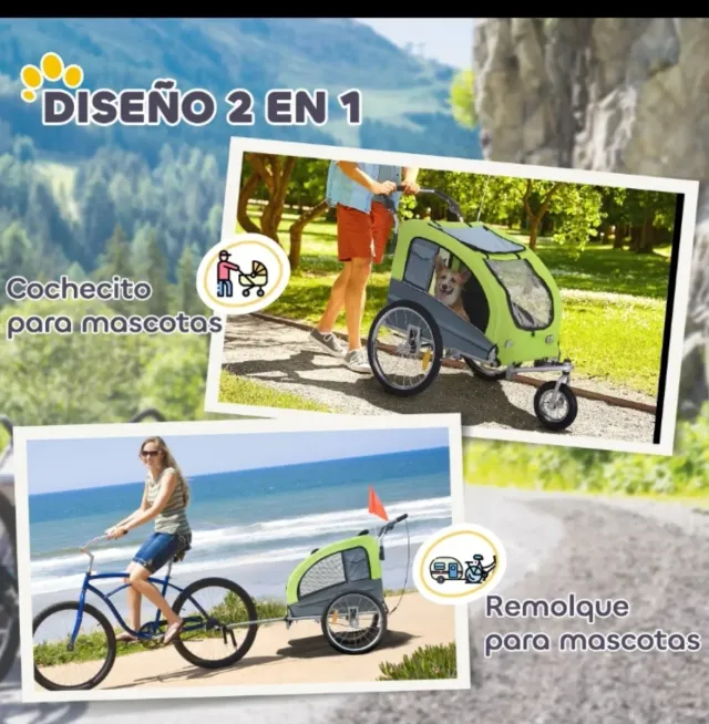 Remolque Mascota 2 en 1 Gris/Verde
