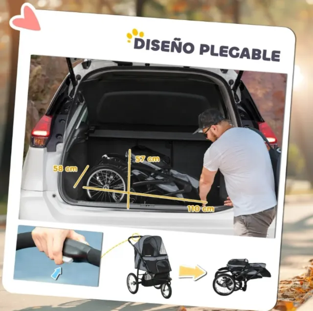 Carrito para perro negro y gris 2 en 1