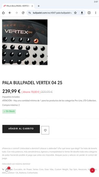 Pala Bullpadel Vertex 04 25 2025 Juan Tello NUEVA