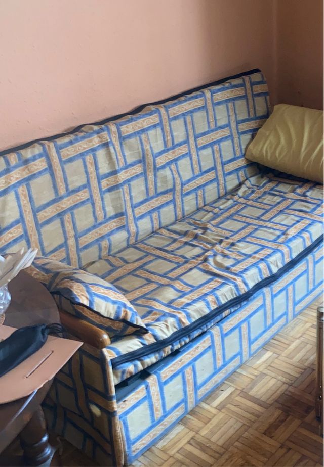 Sofá Cama Tela Beige y Azul