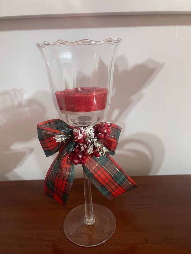 Portacandele Natale Vetro Rosso Fiocco