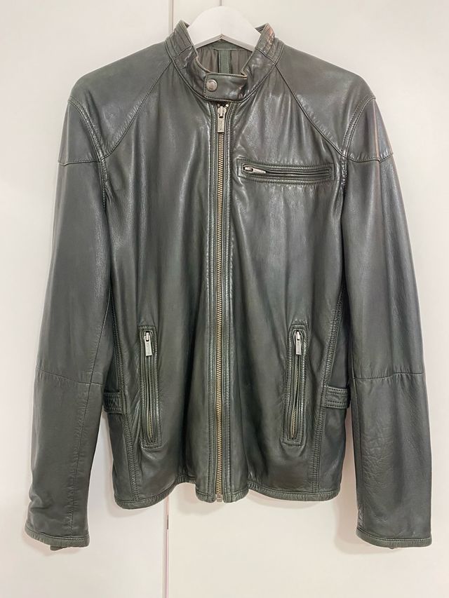 Chaqueta de piel verde Massimo Dutti Hombre