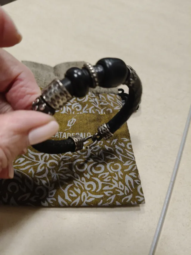 Pulsera Plata de Palo Cuero y Plata envejeçida