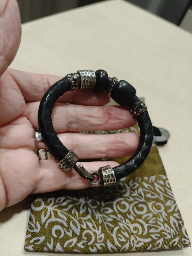 Pulsera Plata de Palo Cuero y Plata envejeçida