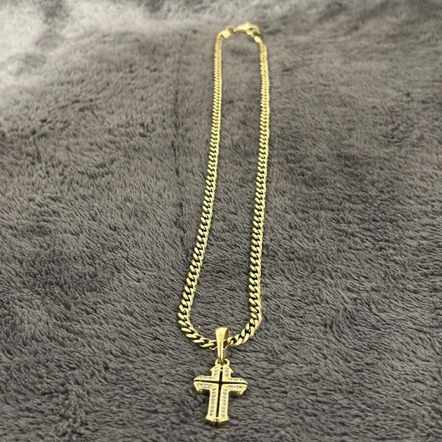 Cadena Cubana y Colgante Cruz Oro Laminado