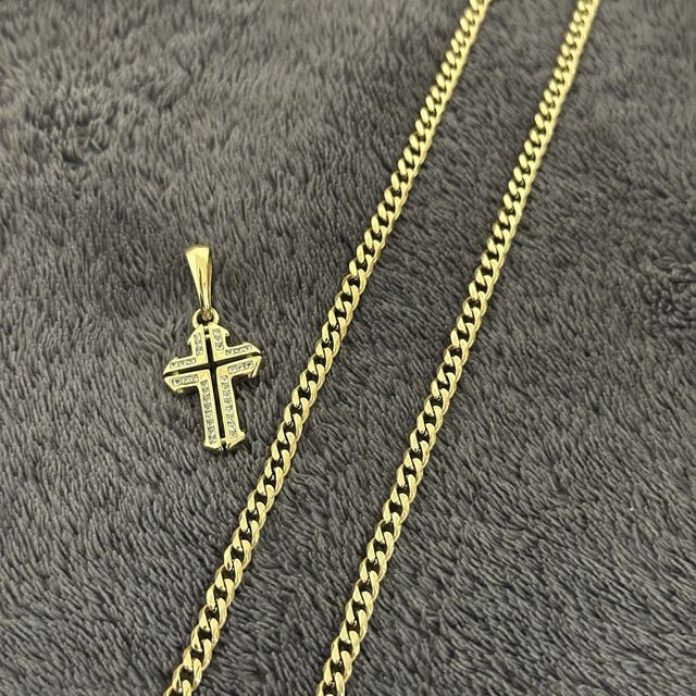 Cadena Cubana y Colgante Cruz Oro Laminado