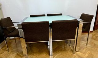 Mesa comedor cristal y metal con 6 sillas