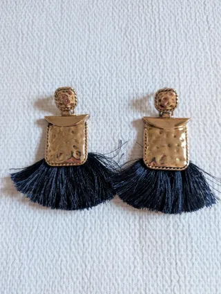 Pendientes Cuplé dorados flecos azul marino