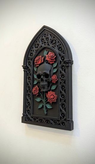 Arte de Parede Gótico Caveira com Rosas Vermelhas