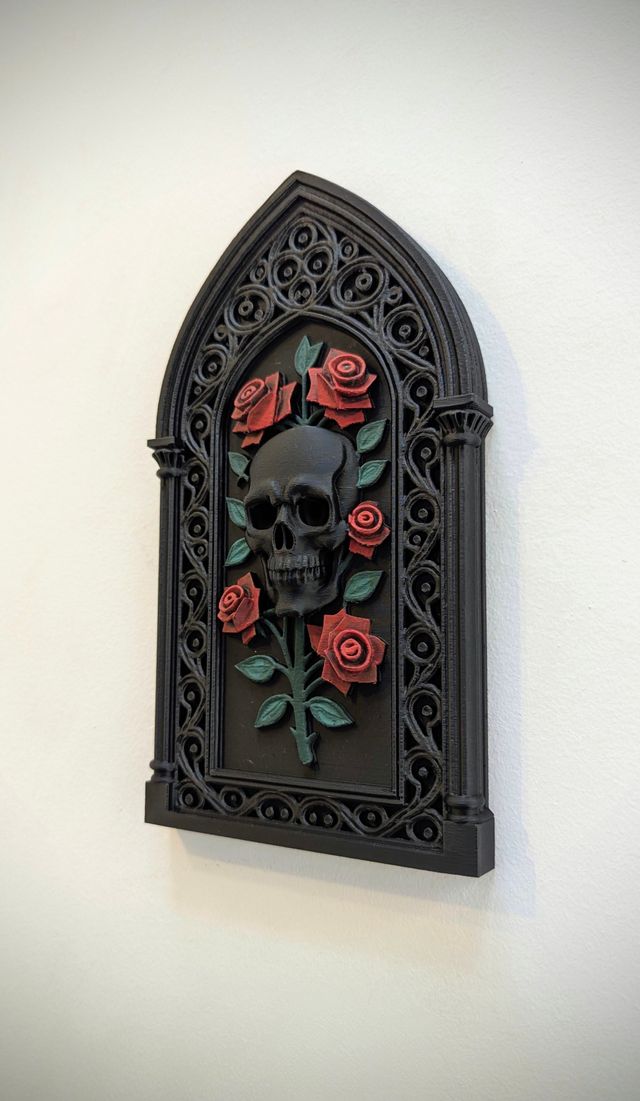 Arte de Parede Gótico Caveira com Rosas Vermelhas