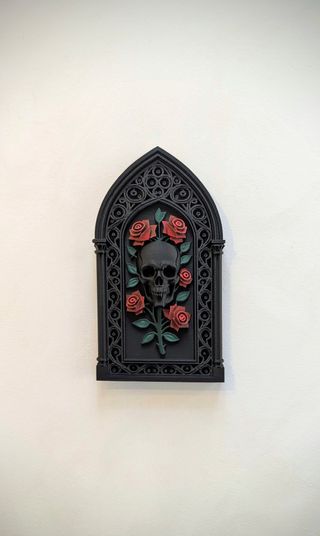 Arte de Parede Gótico Caveira com Rosas Vermelhas