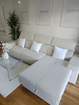 Sofá chaislongue beige y blanco, m