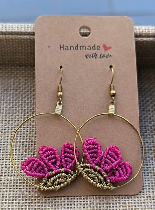 Pendientes Aro Macramé Rosa y Dorado