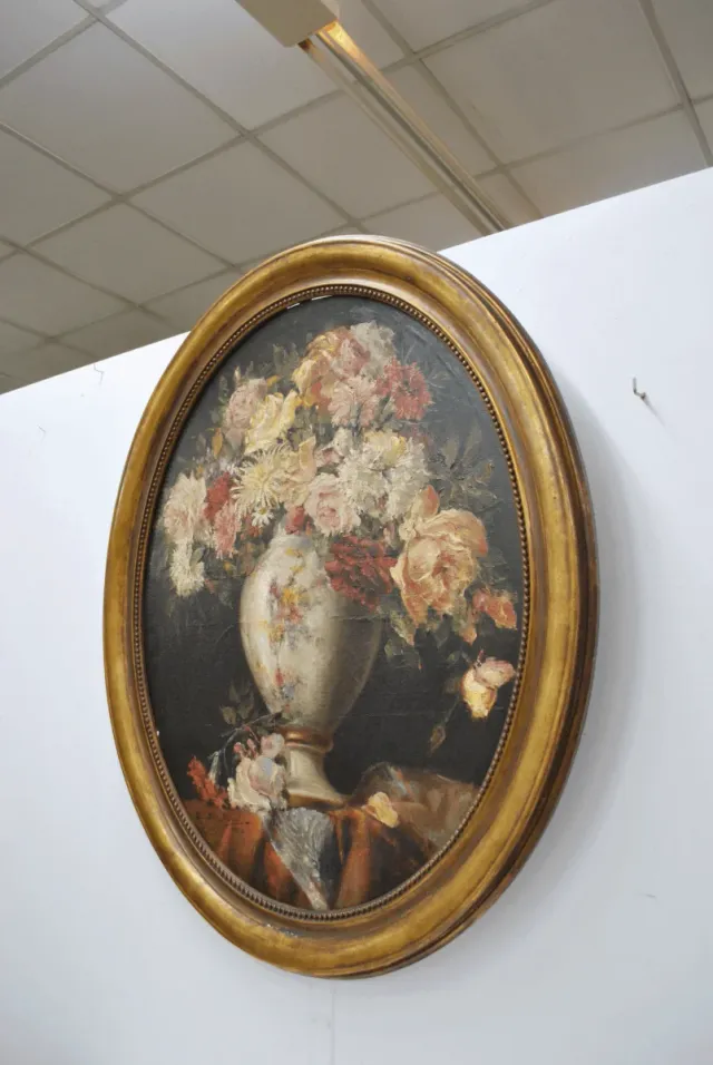Antiguo cuadro bodegón óleo flores