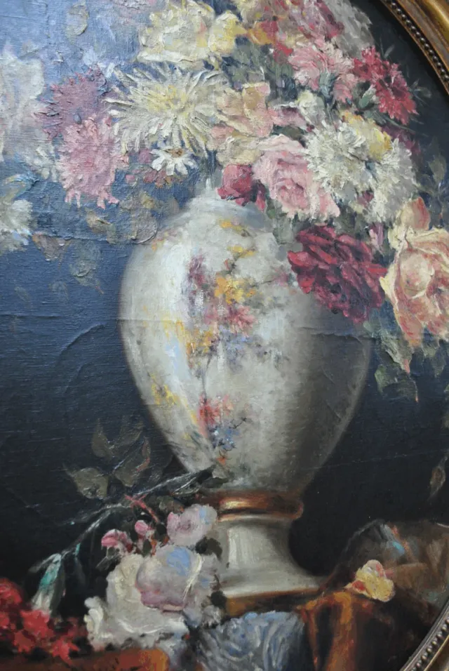 Antiguo cuadro bodegón óleo flores