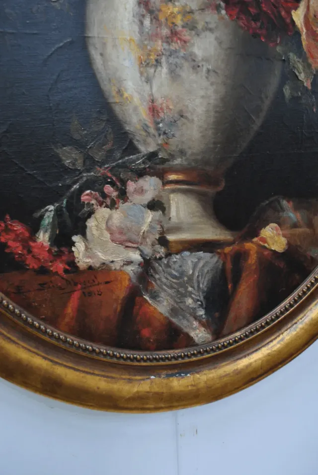 Antiguo cuadro bodegón óleo flores