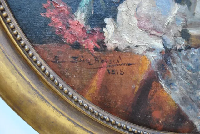 Antiguo cuadro bodegón óleo flores