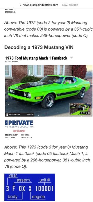 FORD MUSTANG FASTBACK 1973 MACH 1 COBRAJET Q CODE
