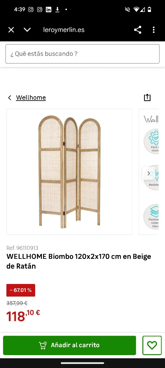 Biombo madera y ratán