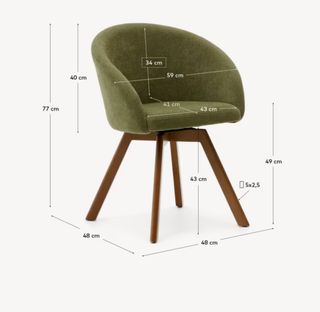 Silla giratoria Marvin chenilla verde y patas de madera maciza de haya acabado nogal FSC 100%