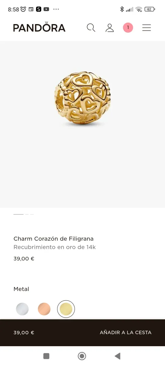 Charm Pandora Corazones Oro