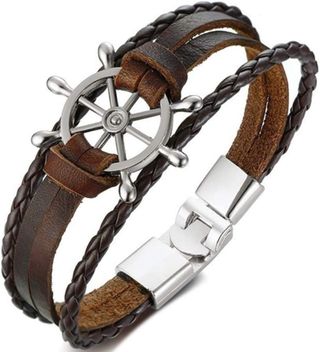 Pulsera Cuero Náutica Timón Plata