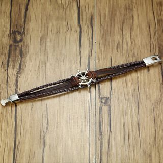 Pulsera Cuero Náutica Timón Plata