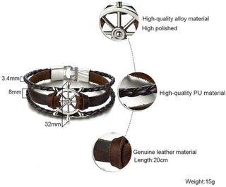 Pulsera Cuero Náutica Timón Plata