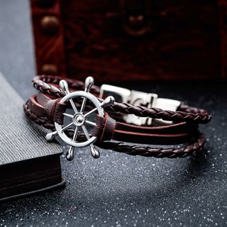 Pulsera Cuero Náutica Timón Plata