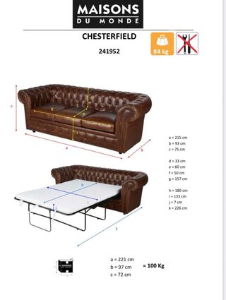 Divano letto Chesterfield 3 posti in pelle marrone