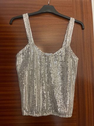 Top Zara lentejuelas plateadas tirantes Talla S