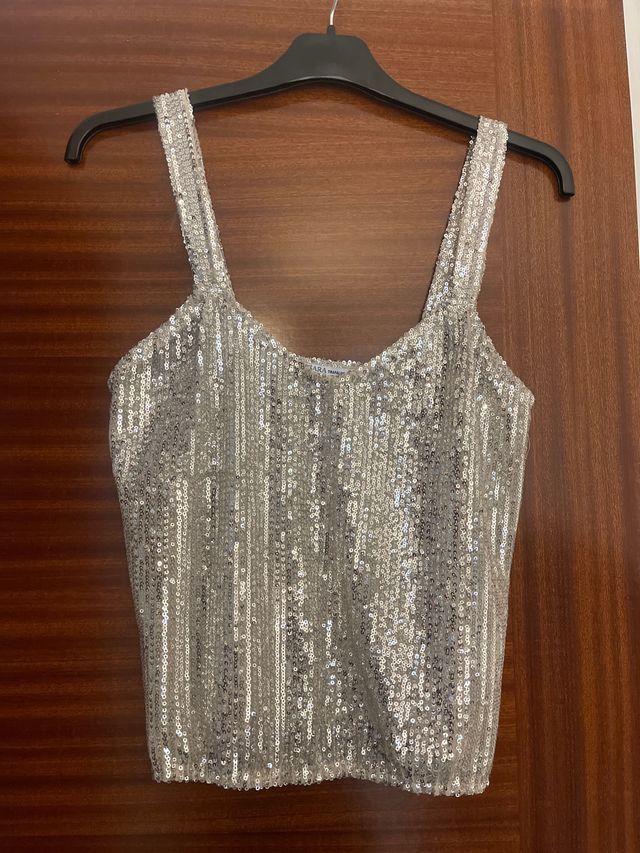Top Zara lentejuelas plateadas tirantes Talla S