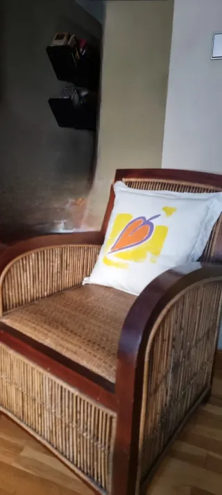 Sillón de mimbre con cojín decorativo