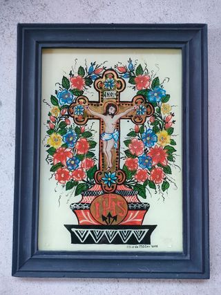 Dipinto Gesù in croce con fiori
