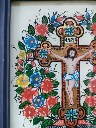 Dipinto Gesù in croce con fiori