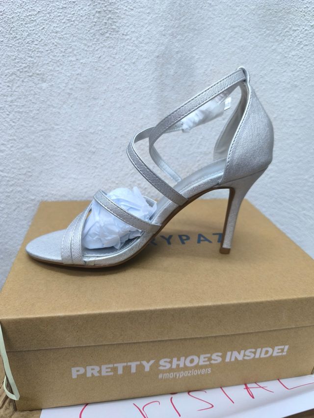 Sandalias Tacón Marypaz Plata Metálico Tiras